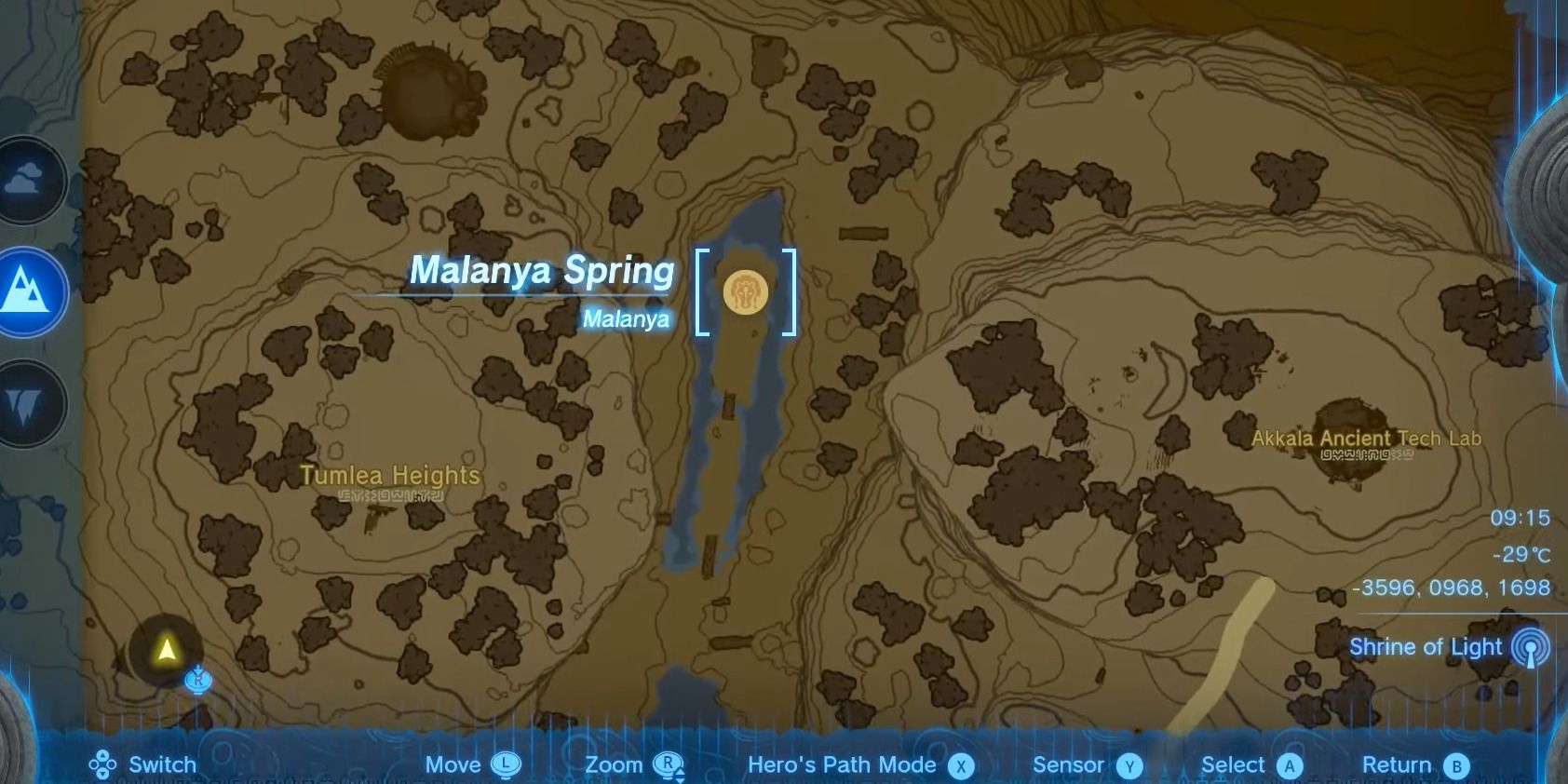 Image of the location on the map of Malanya Spring in The Legend of Zelda: Tears of the Kingdom.