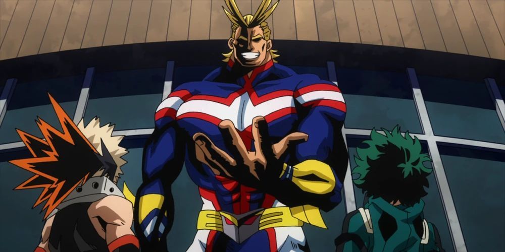 My Hero Academia All Might Holding His Hand Out In Front Of Deku And Bakugo