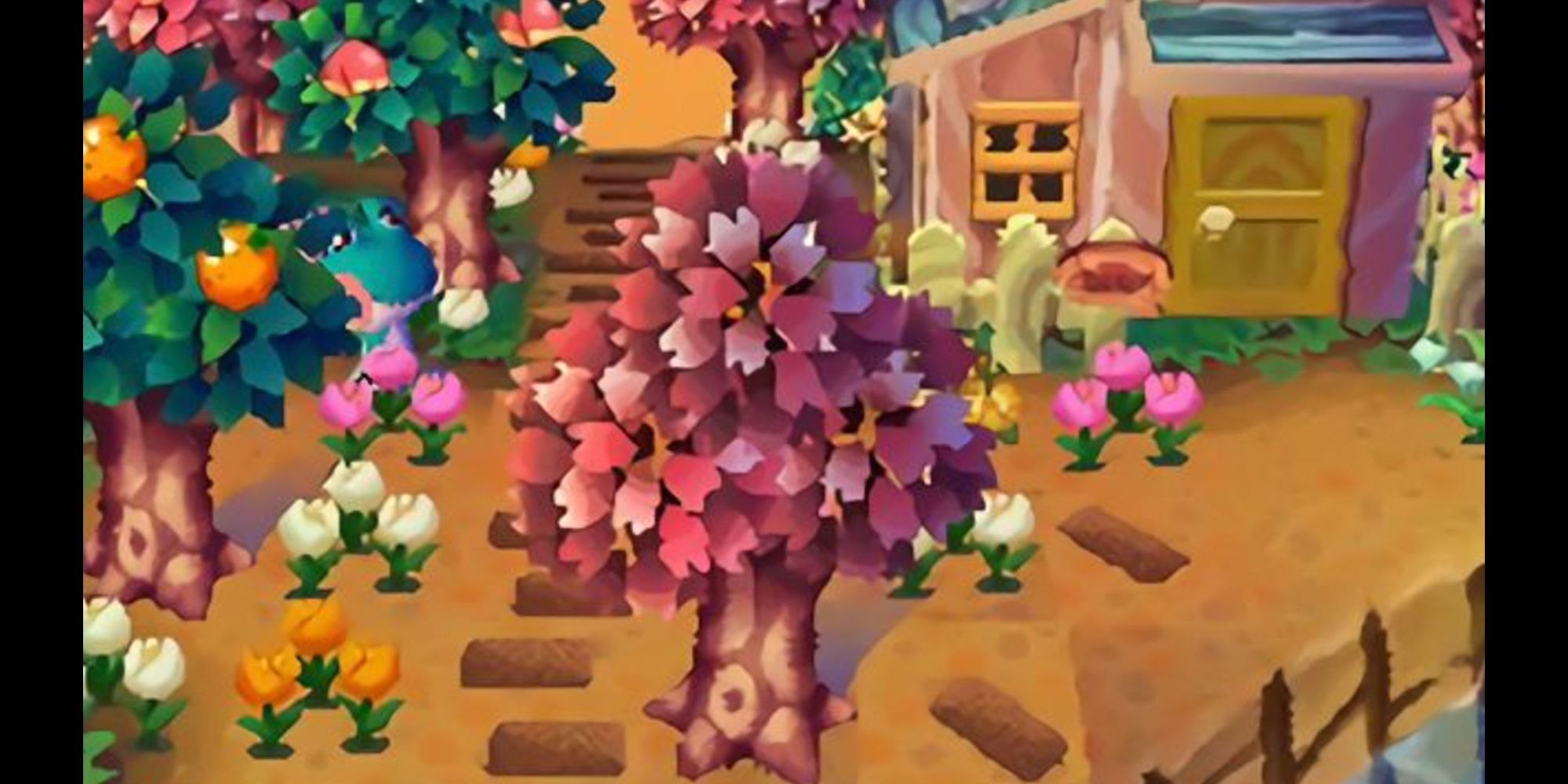 Lily walks among a tulip garden in Animal Crossing: Wild World.