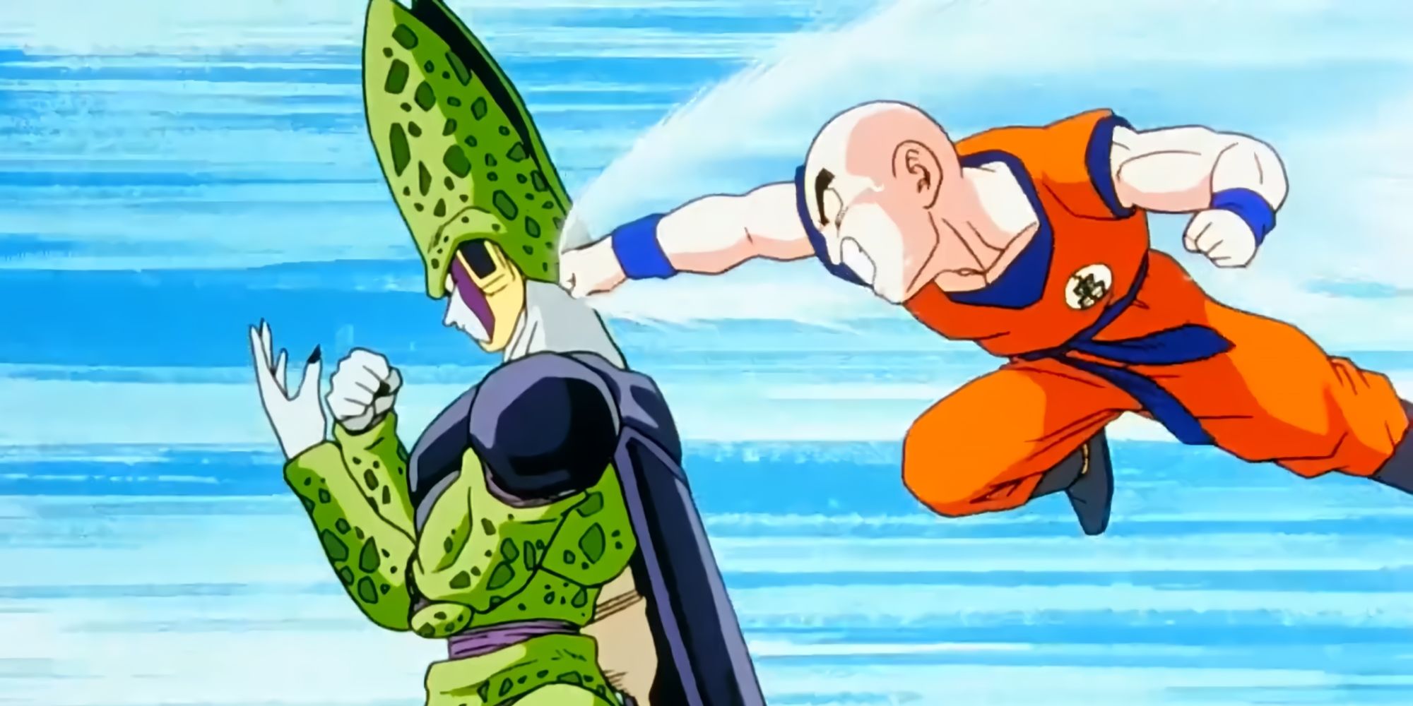 Cell from Dragon Ball being attacked by Krillin