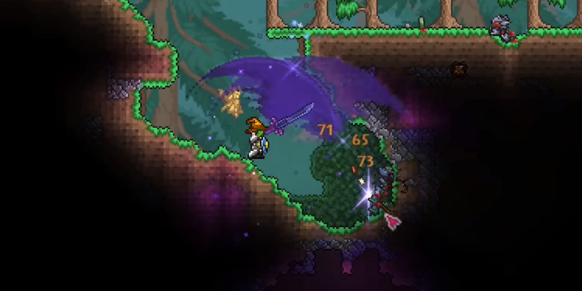 Hitting a random enemy with the Night's Edge in Terraria