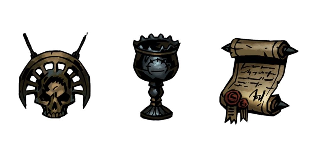 3 examples of stress resisting trinkets from Darkest Dungeon 2: Royal Summons, Galvanizing Goblet, Gilded Mind