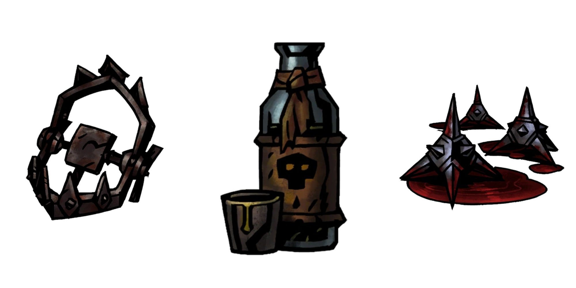 The items Bear Trap, Laudanum, and Crows Feet from Darkest Dungeon 2