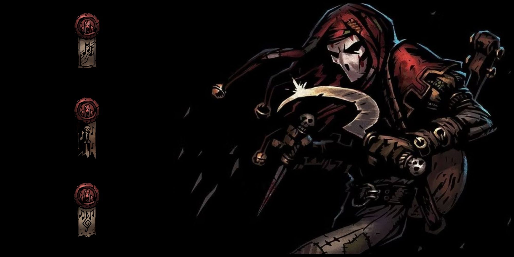 A screenshot of The Jester from Darkest Dungeon 2 next to his three Hero Paths
