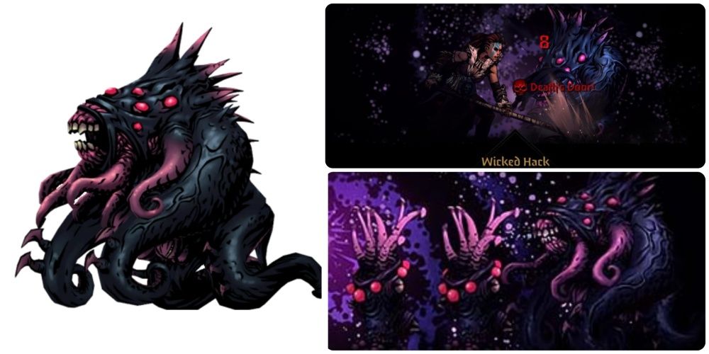 Split image The Shambler mini-boss graphic and the Shambler in battle in Darkest Dungeon 2