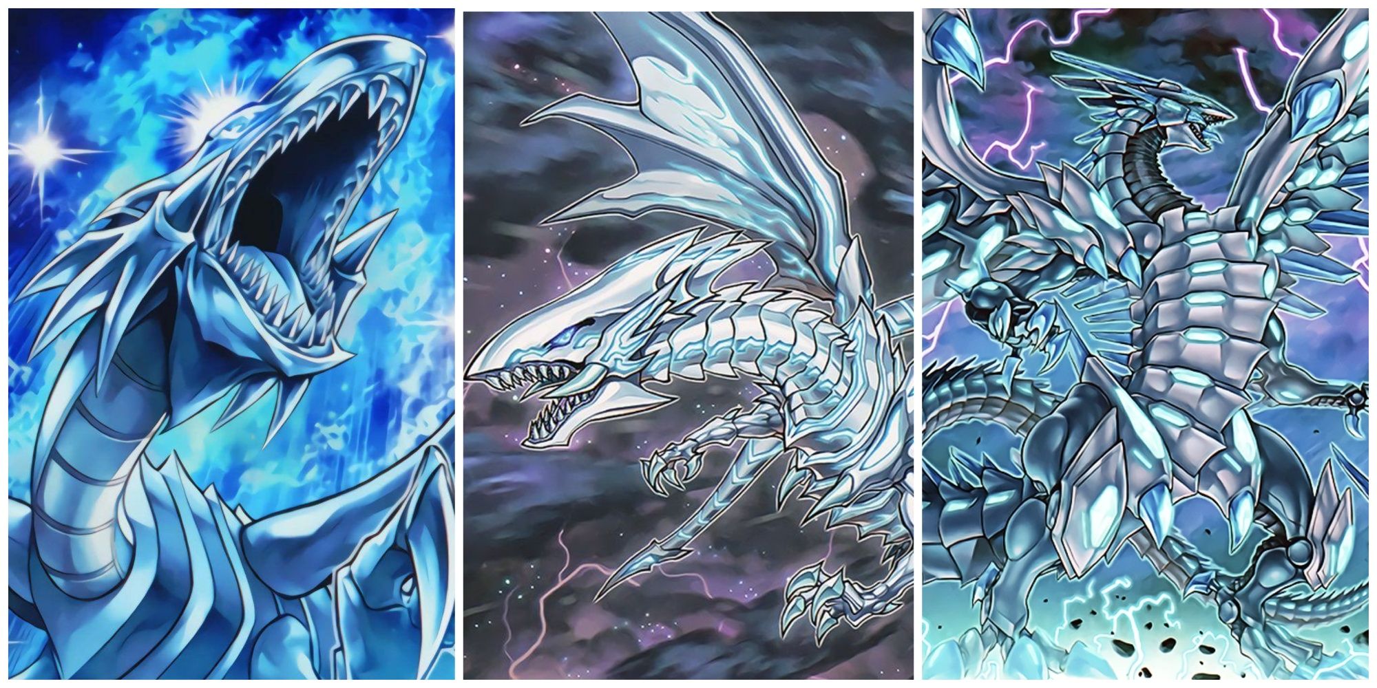 Blue-Eyes White Dragon (Lelft), Blue-Eyes Alternate Dragon (Middle), and Blue-Eyes Chaos Max Dragon (Right)