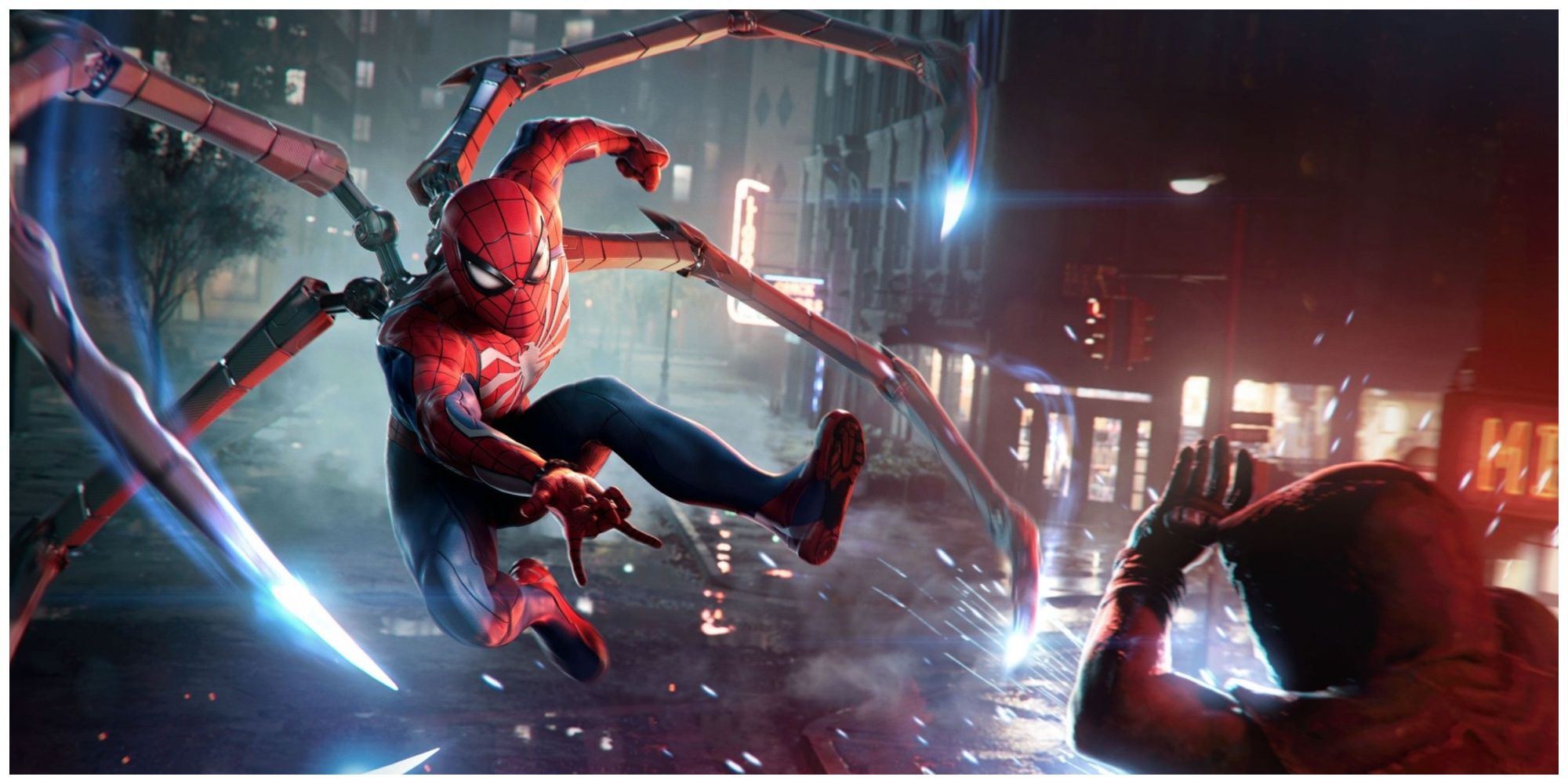 Spider-Man 2 peter shooting webs at bad guy