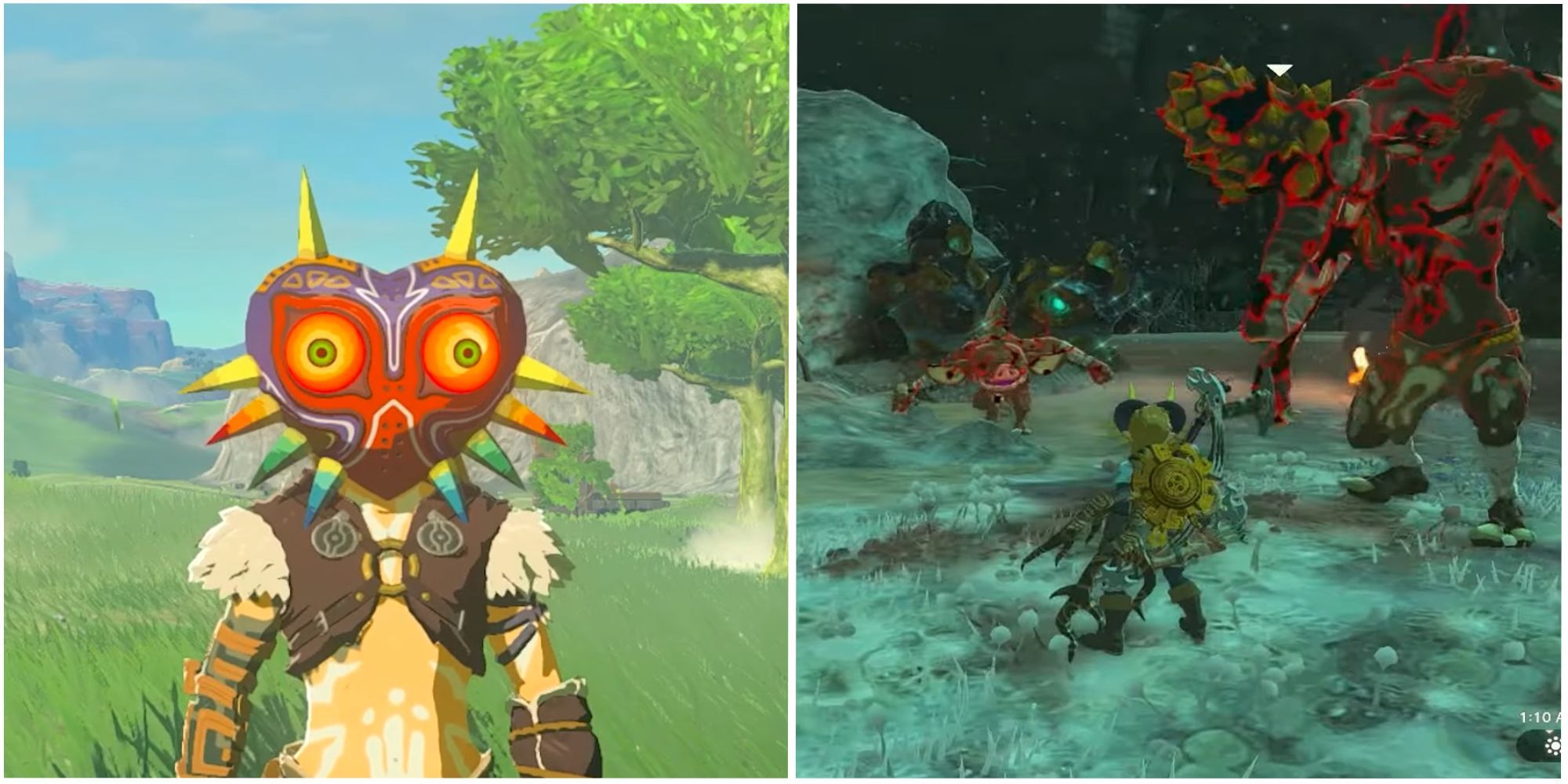 Link wearing Majora's Mask and standing near humanoid enemies