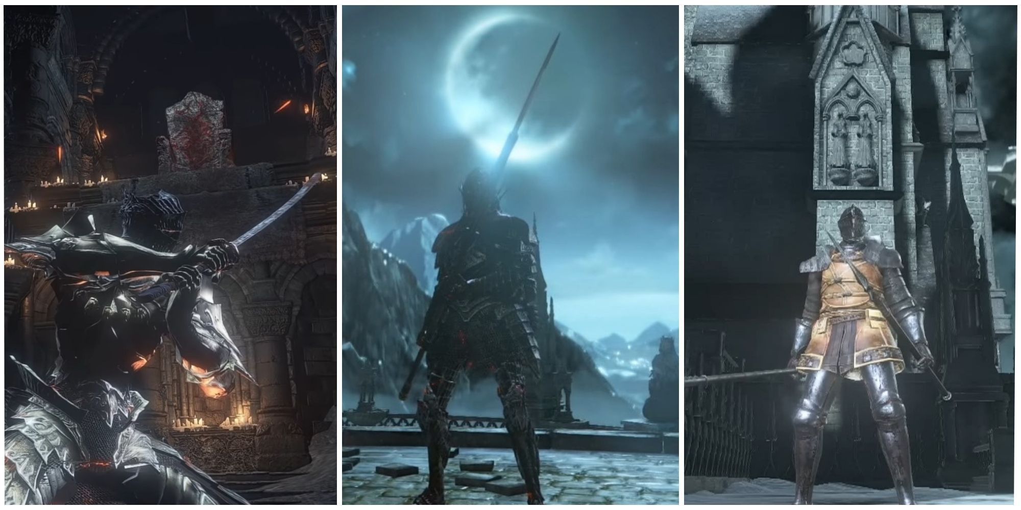 Dark Souls 3 Split Image with Black Knight Glaive in the middle, Chaos Blade on the left and Sellsword Twinspears on the right