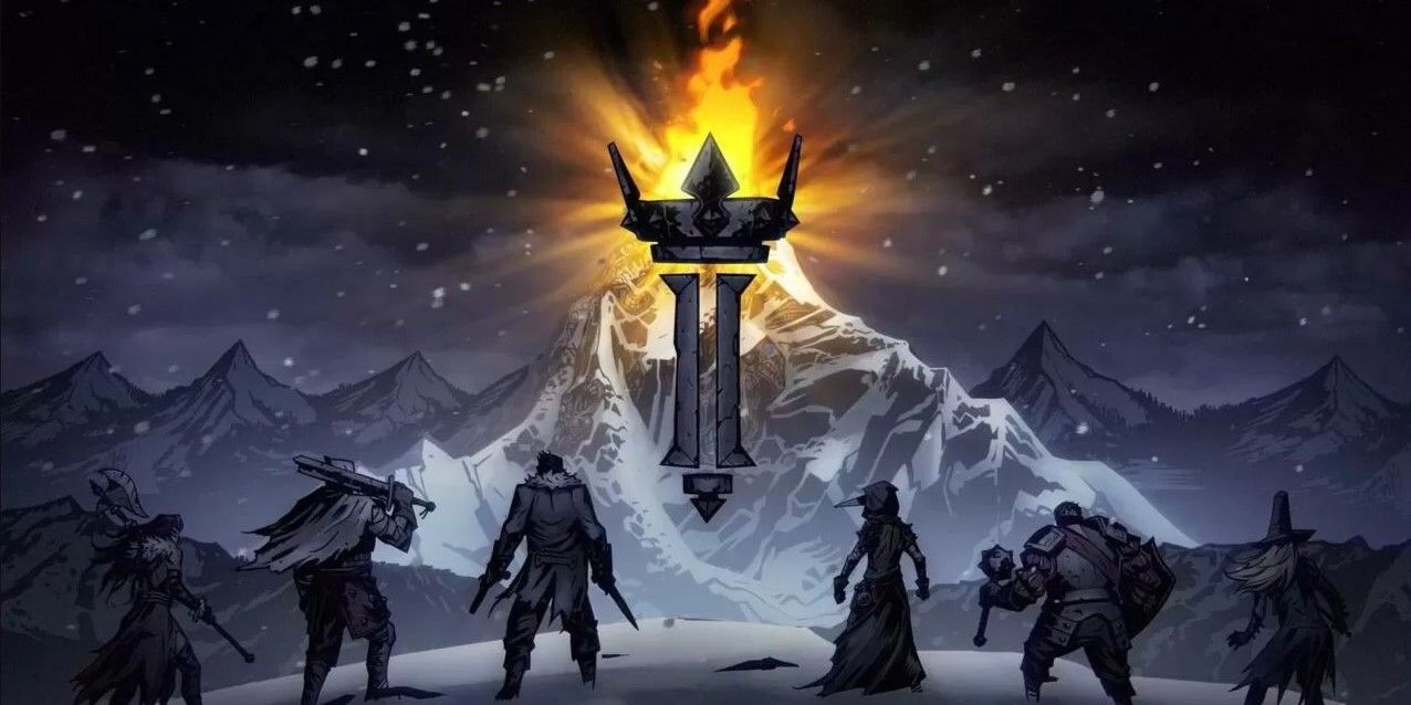 Six heroes from Darkest Dungeon 2 looking at the game's logo on a mountain top