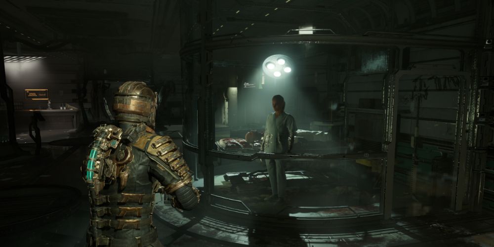 Dead Space (Remake) Screenshot - watching two-character scene behind glass