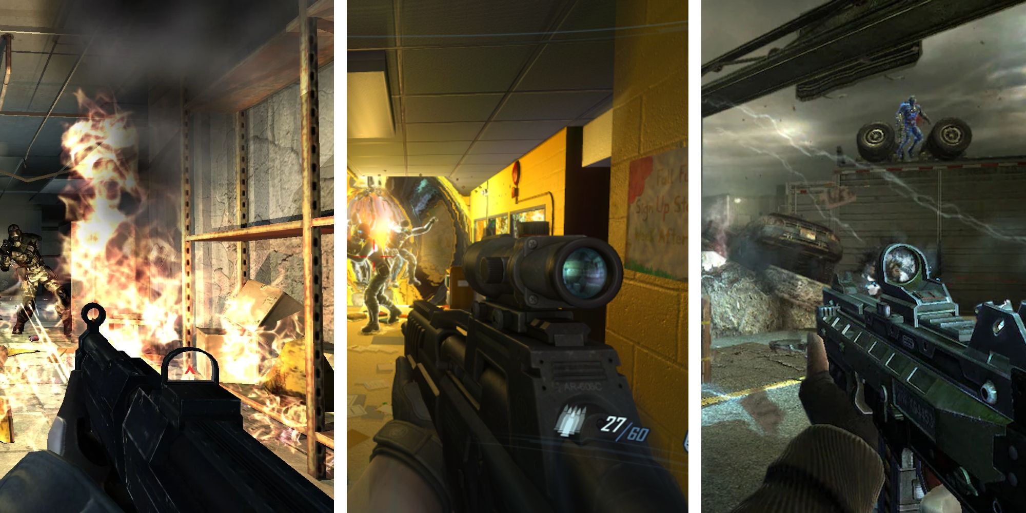 Split image player wielding gun in F.E.A.R. trilogy of games