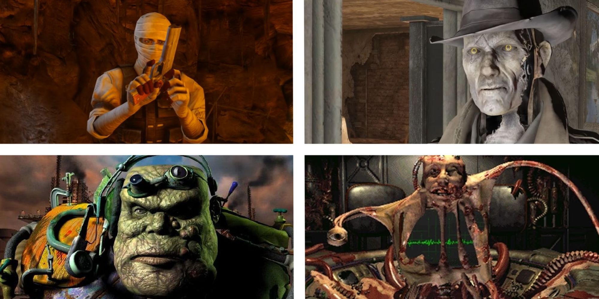 Fallout series split image Joshua Graham, Nick Valentine, Marcus, and The Master in-game
