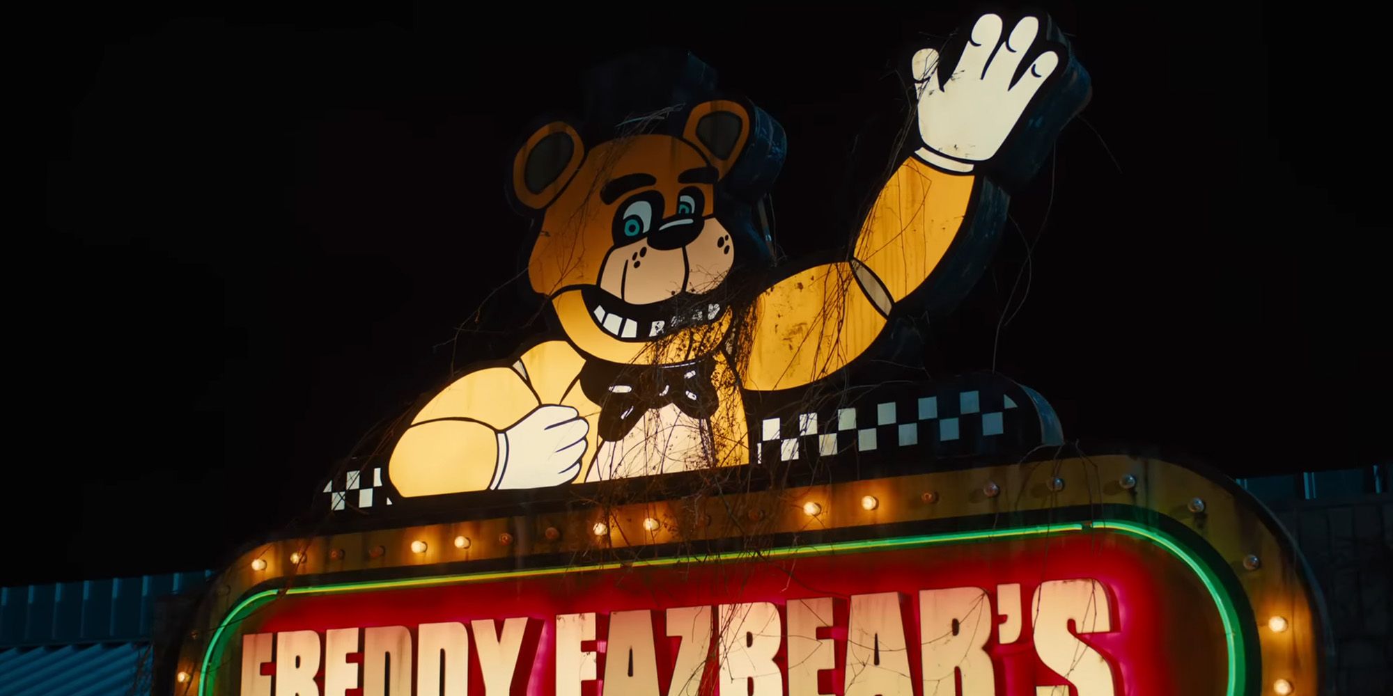 The neon Freddy Fazbear's Pizzeria sign from the Five Nights At Freddy's movie teaser trailer.