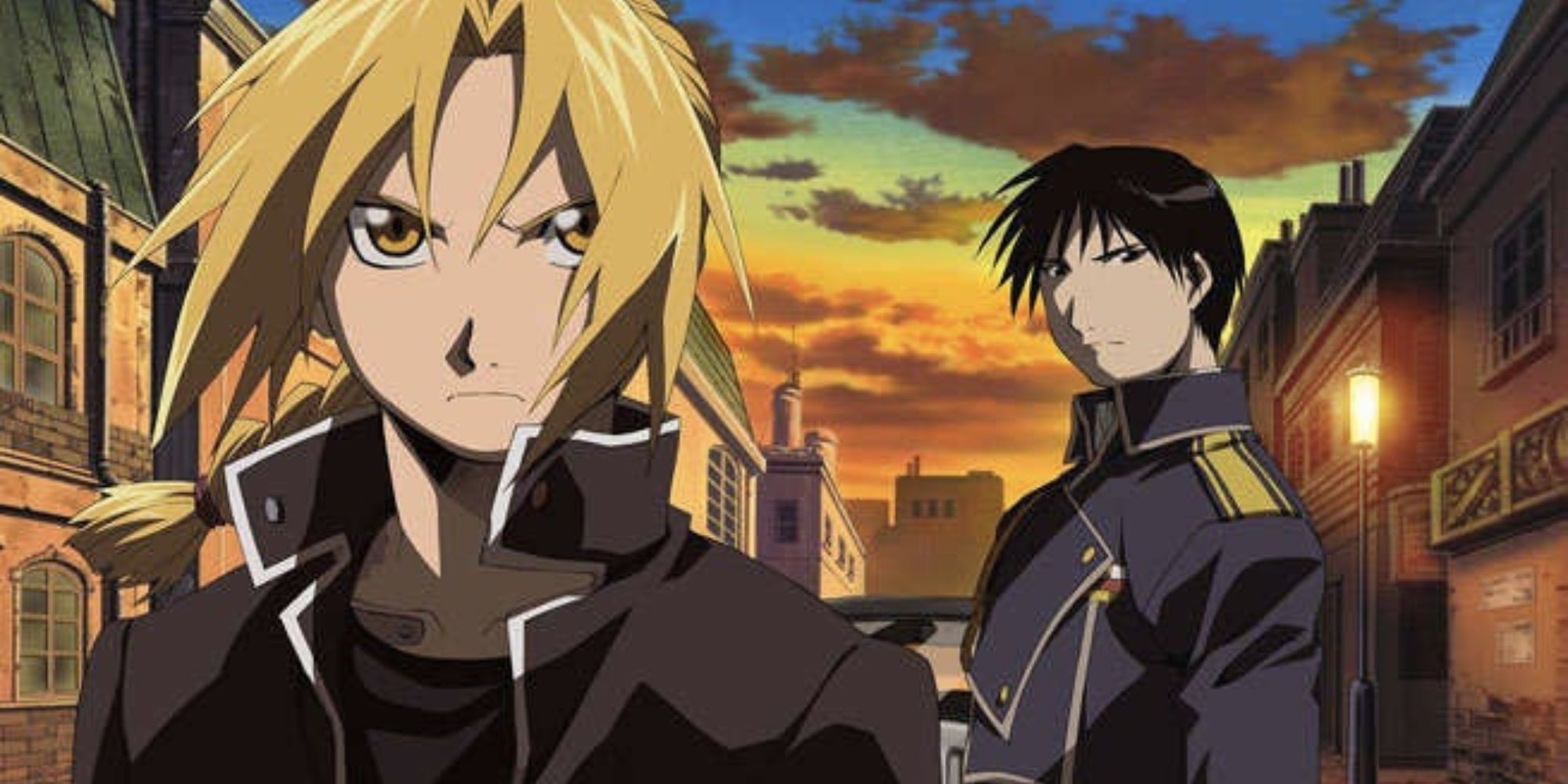 Fullmetal Alchemist: Brotherhood two characters stand in darkening street