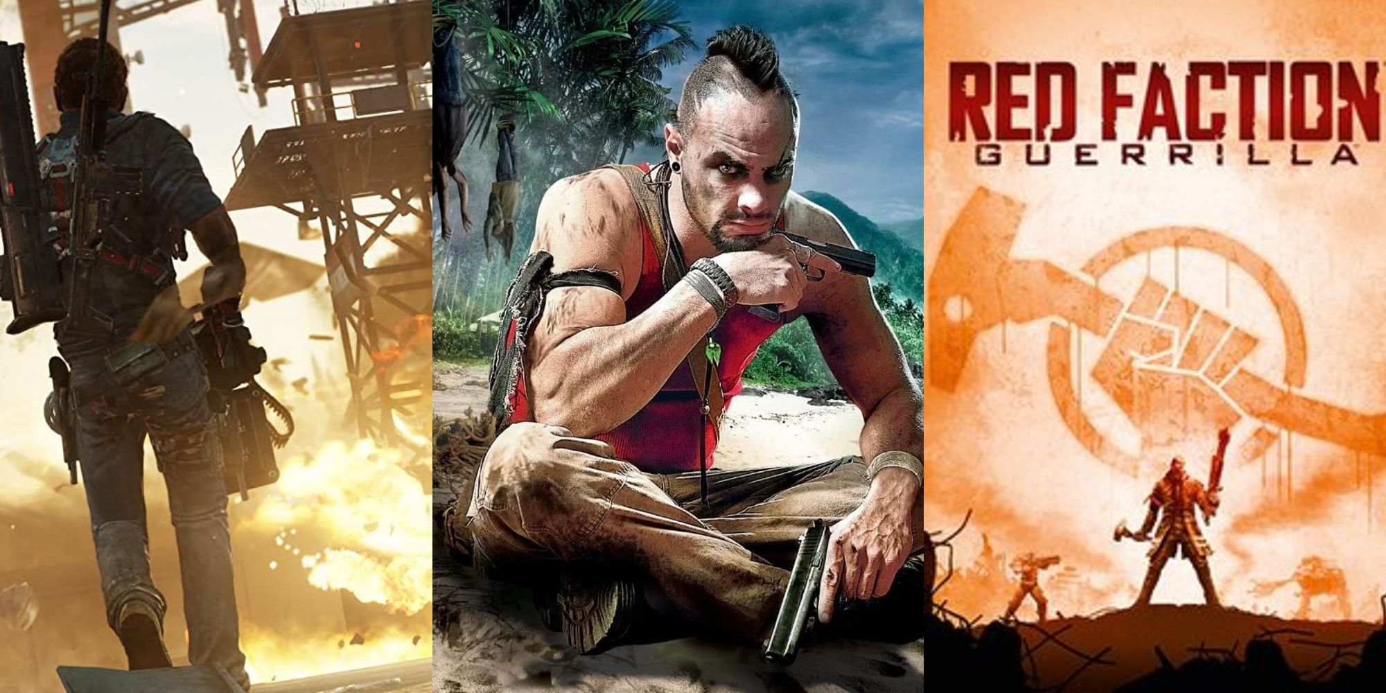 Split image person walking into flaming area, Far Cry character sitting on beach, and Red Faction Guerrilla Logo image