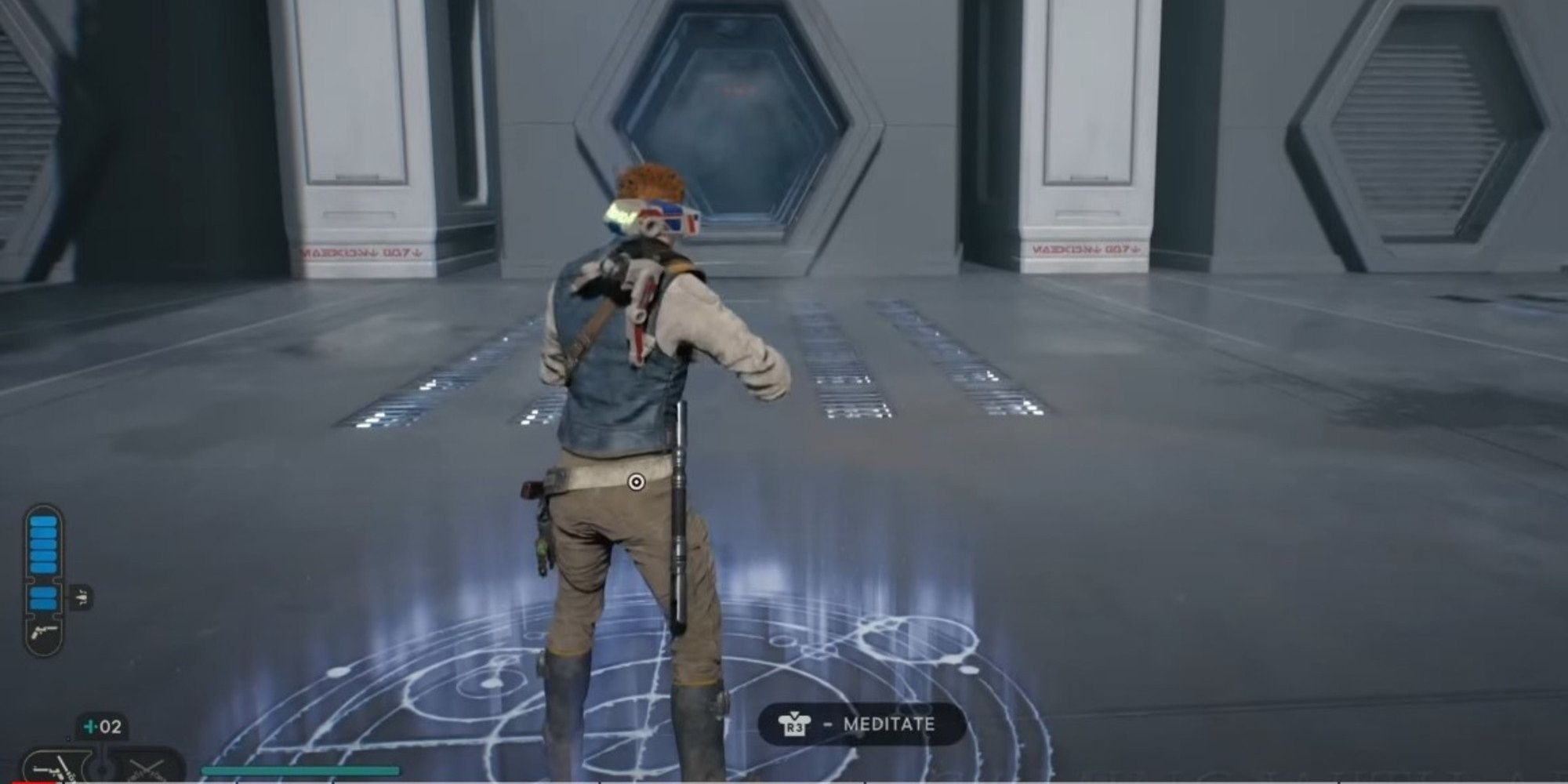 The character in Star Wars Jedi: Survivor is standing at the Meditation Spot in Hanger Bay Exterior and is about to run inside of Hangar Bay to retrieve the collectibles.