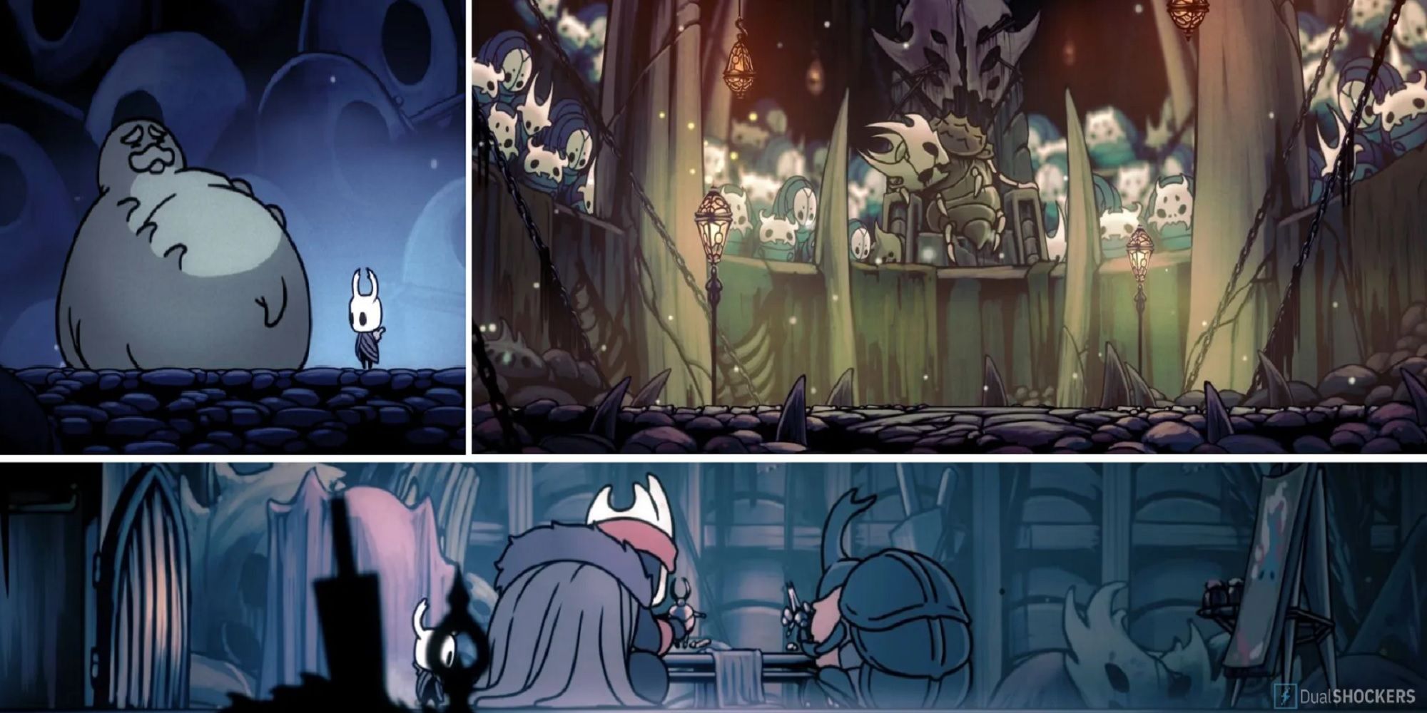 Hollow Knight split image the Grubfather's home, the Colosseum of Fools, and the Nailsmith with Sheo in his house