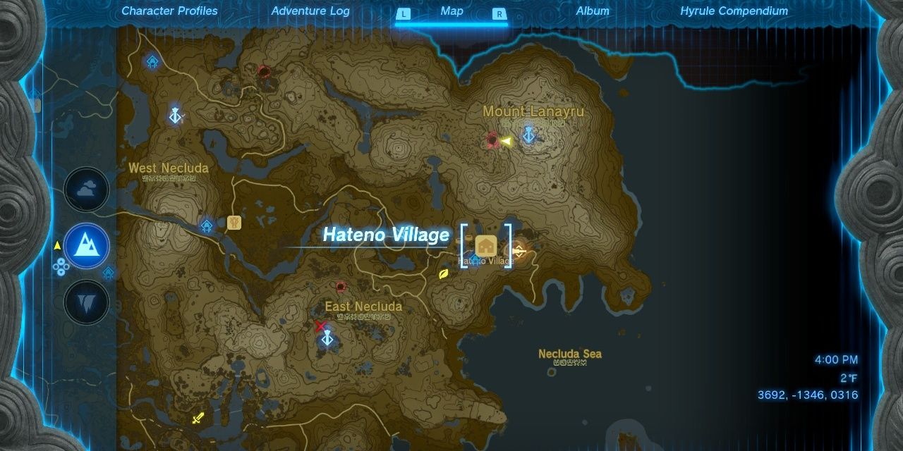 Image of the location on the map of Hateno Village in The Legend of Zelda: Tears of the Kingdom.