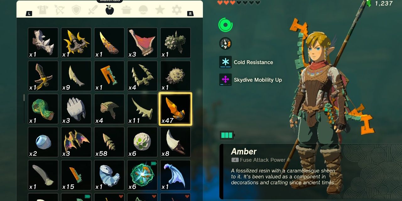 Image of the item Amber in the Materials menu in The Legend of Zelda: Tears of the Kingdom.