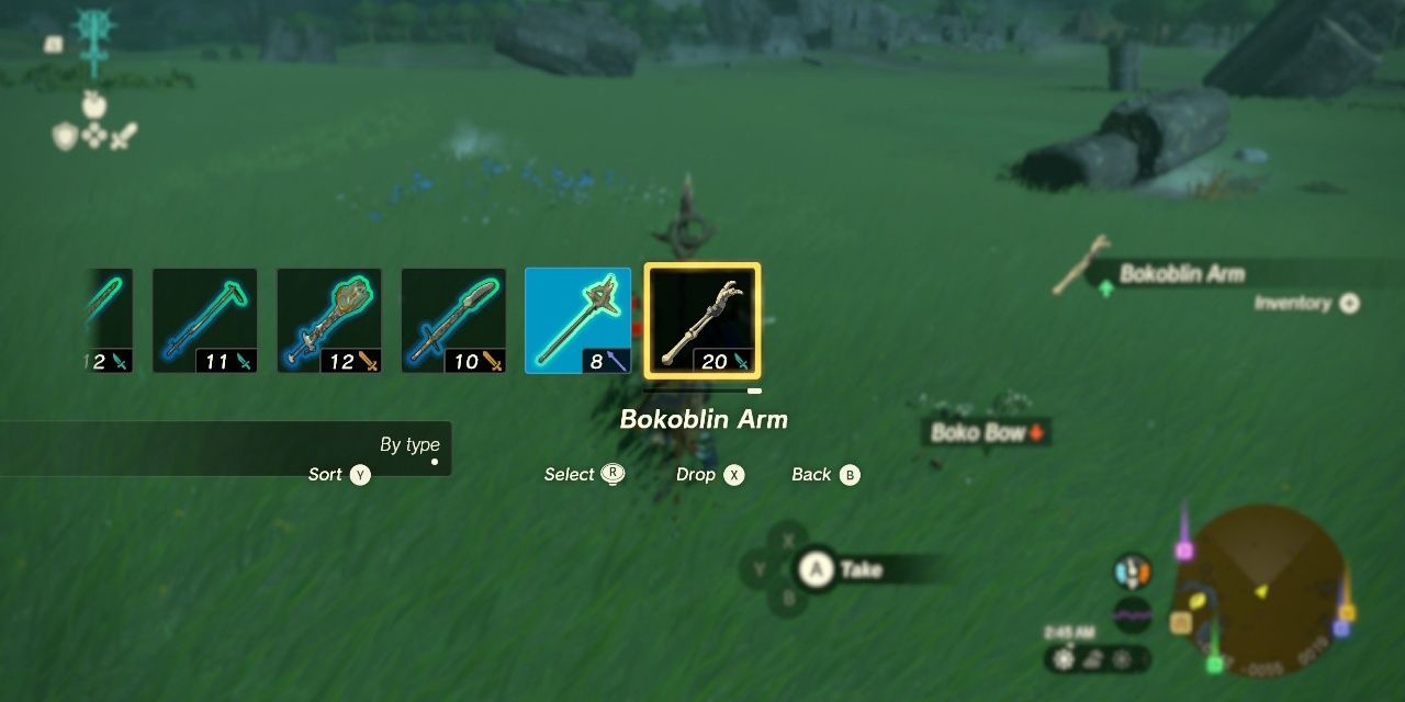 Image of the weapon screen with a Bokoblin Arm in The Legend of Zelda: Tears of the Kingdom.