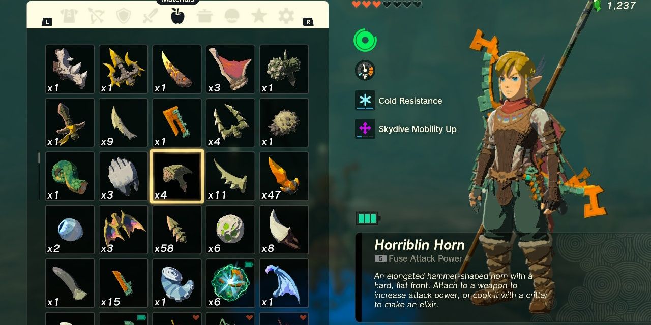 Image of the item Horriblin Horn in the Materials menu in The Legend of Zelda: Tears of the Kingdom.