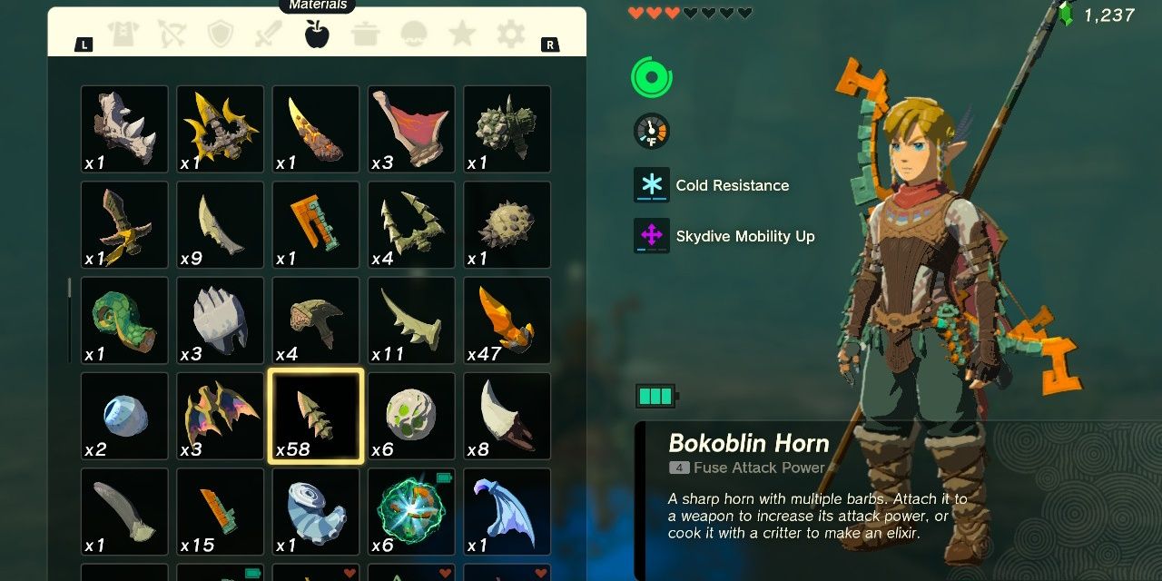 Image of the Bokoblin Horn in the Materials menu in The Legend of Zelda: Tears of the Kingdom.