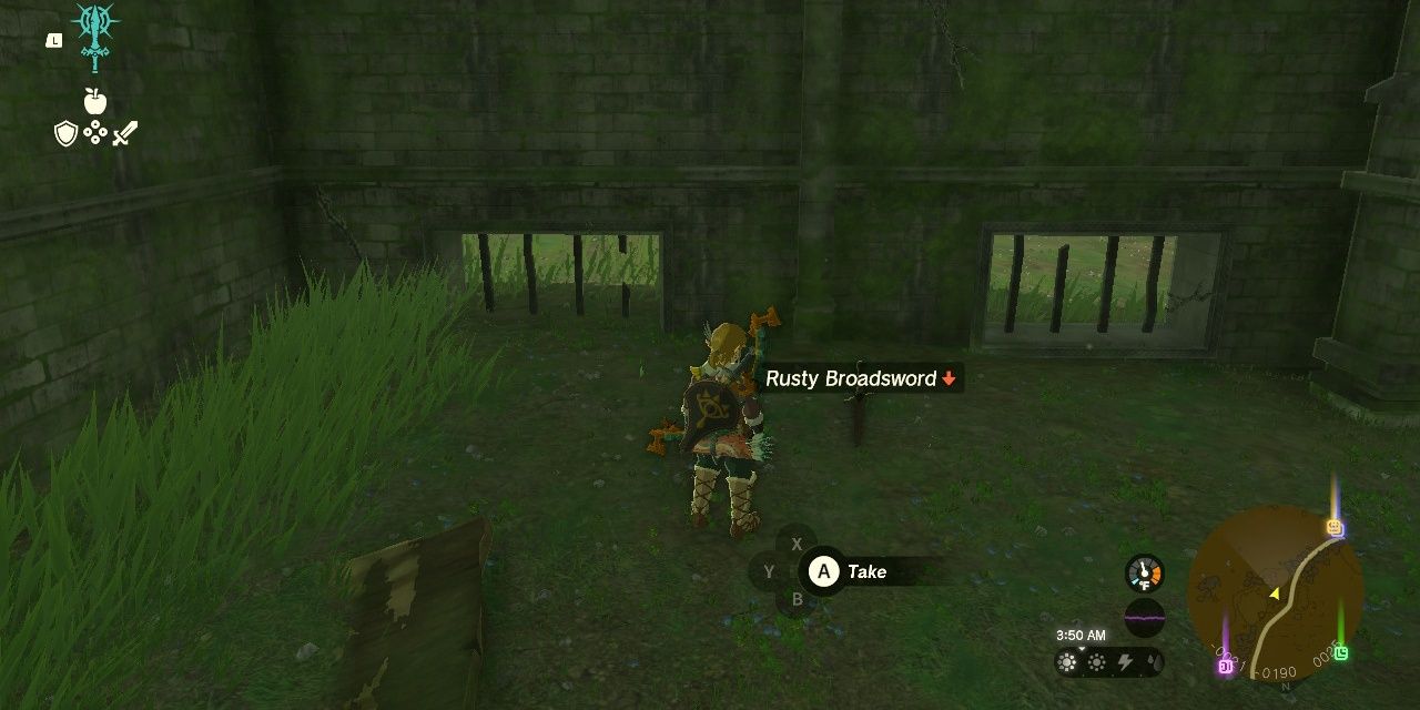 Image of Link standing in front of a Rusty Broadsword in The Legend of Zelda: Tears of the Kingdom.