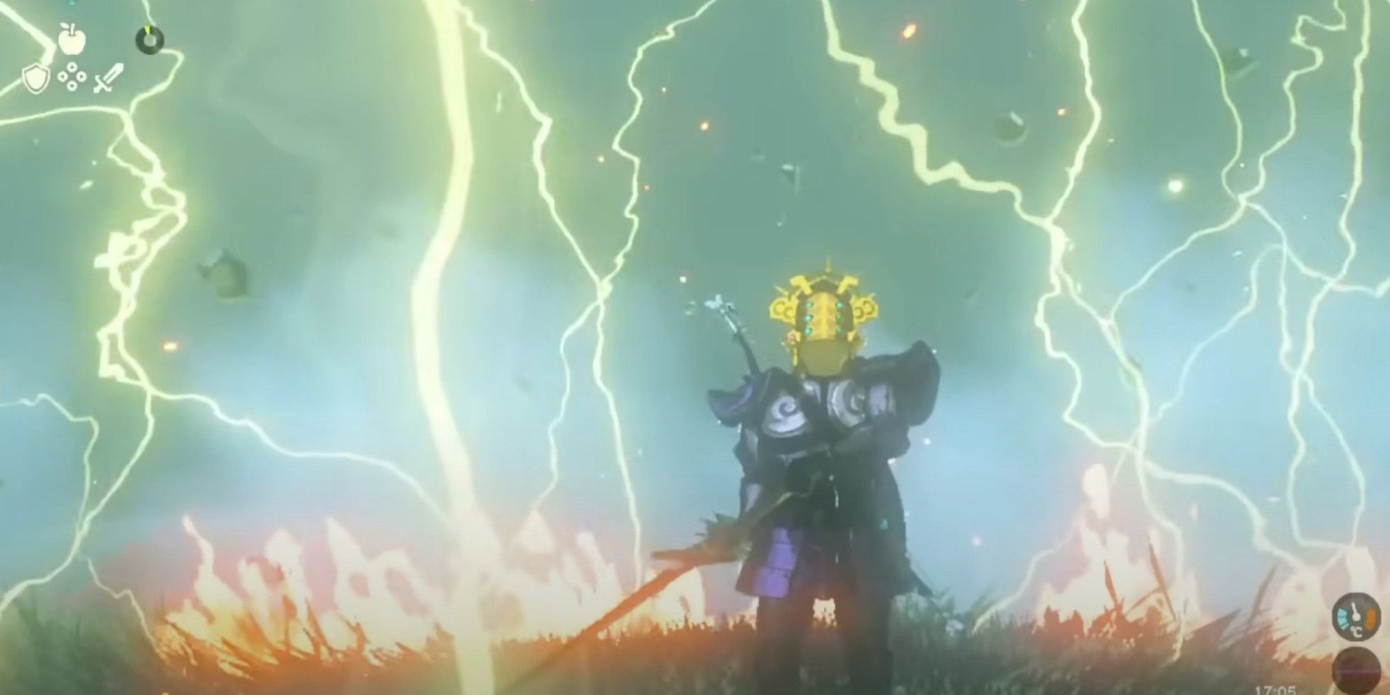 The character in Legend Of Zelda: Tears Of The Kingdom is standing in the lightning which is being deflected by Link's helmet.