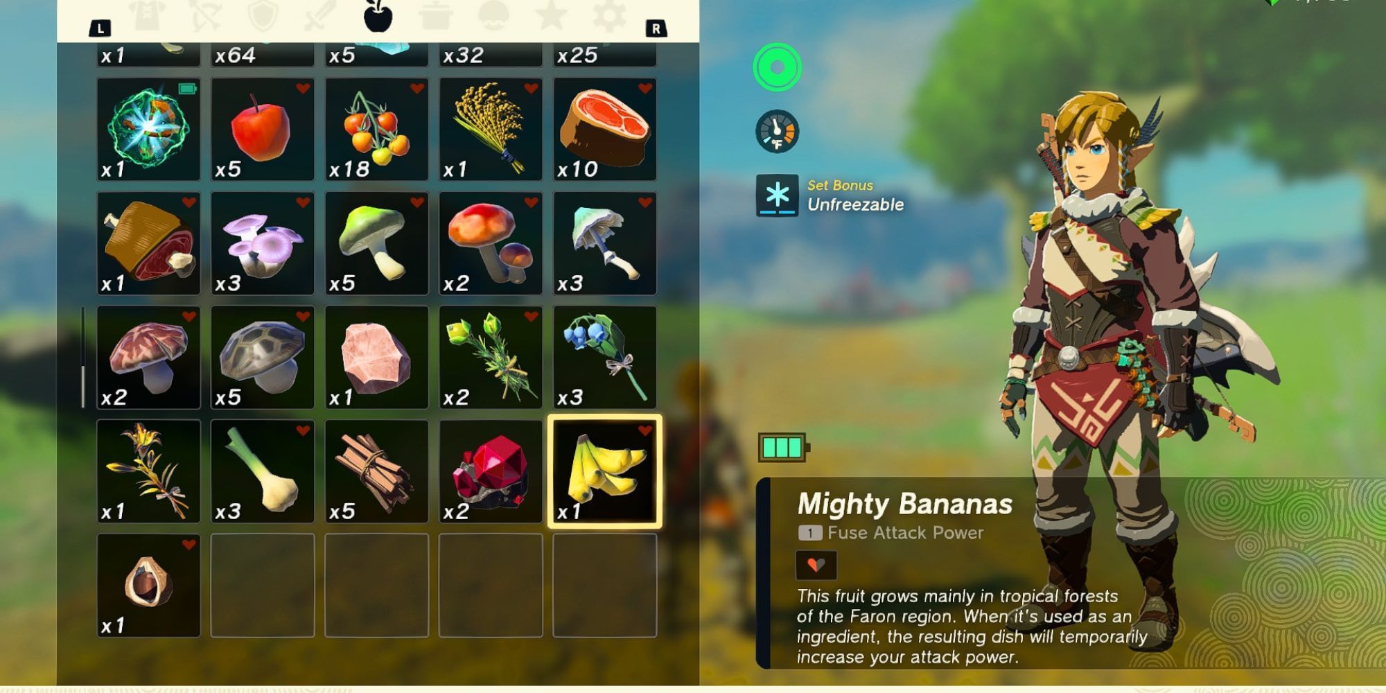 Link in menu screen with a mighty banana selected totk
