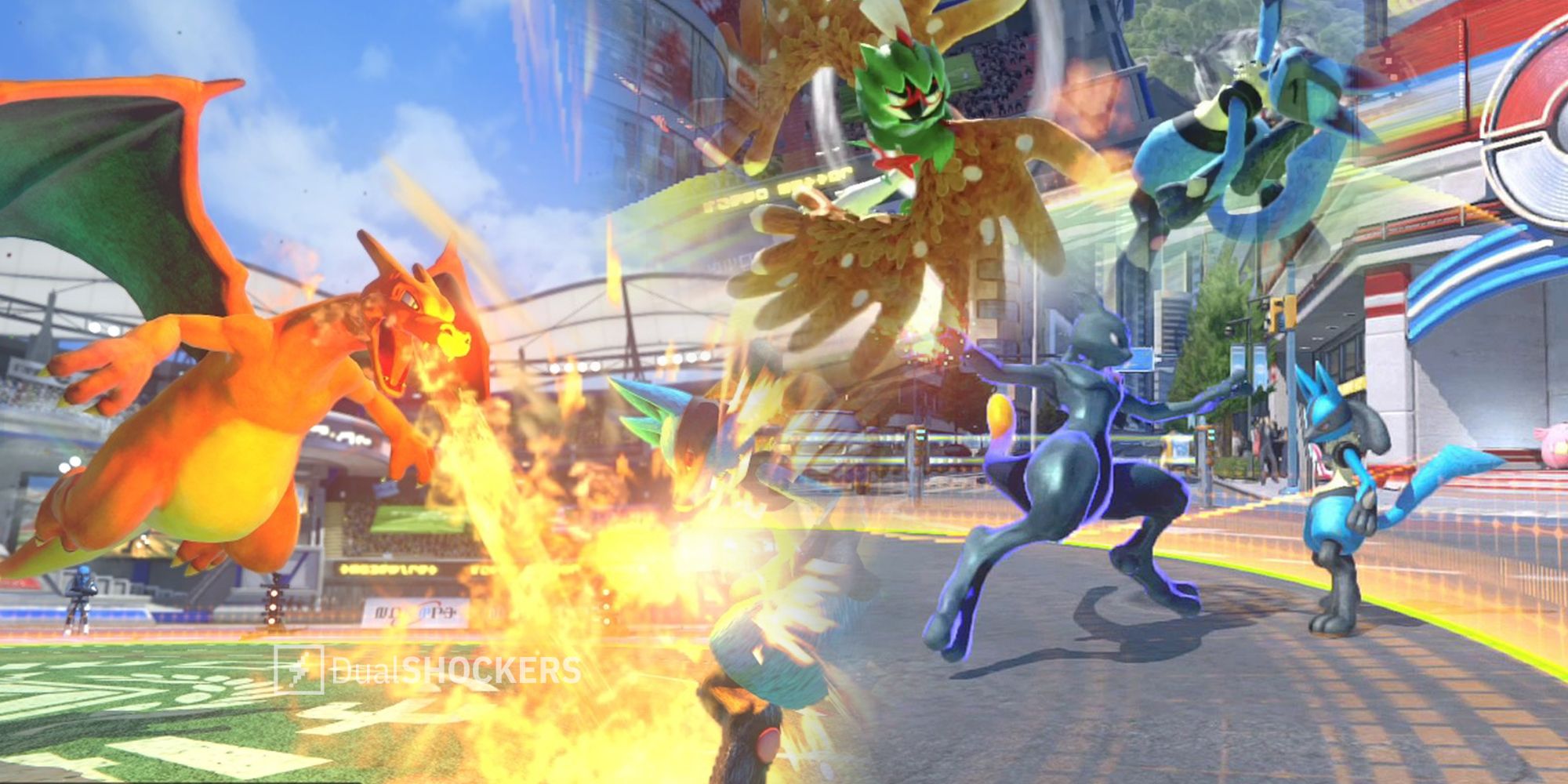 Pokken Tournament gameplay with Charizard, Lucario, Shiny Mewtwo