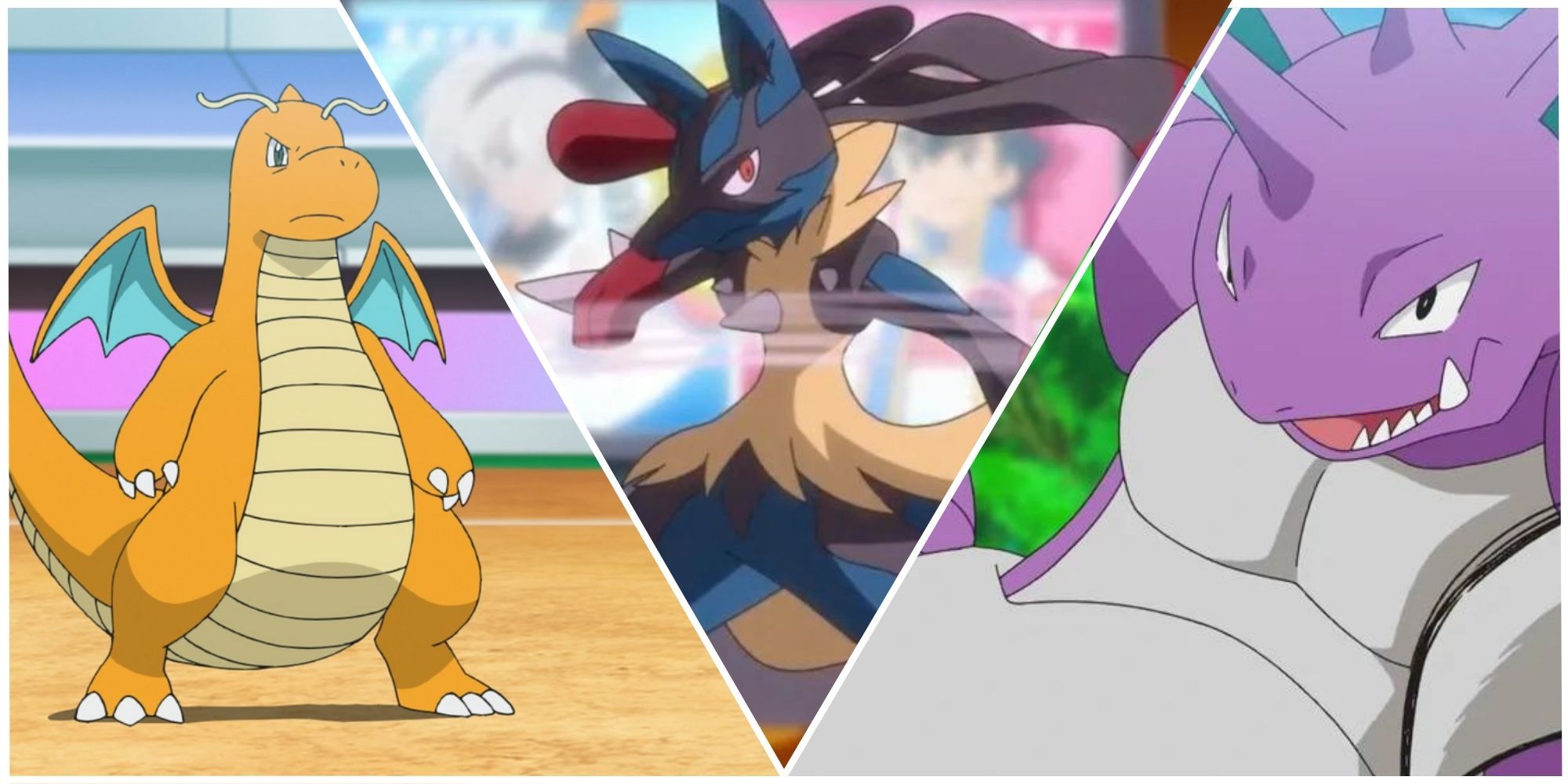 Pokemon Split Image, Dragonite on the left, Mega Lucario in the middle, Nidoking on the right