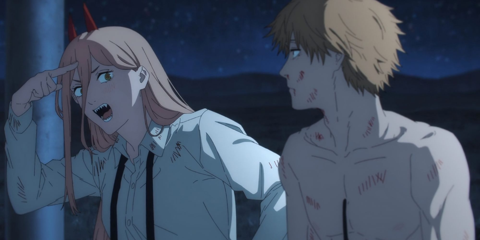 Bruised Power & Denji Marchant Dans Le Ciel Nocturne Dans L'Épisode 10 Chainsaw Man