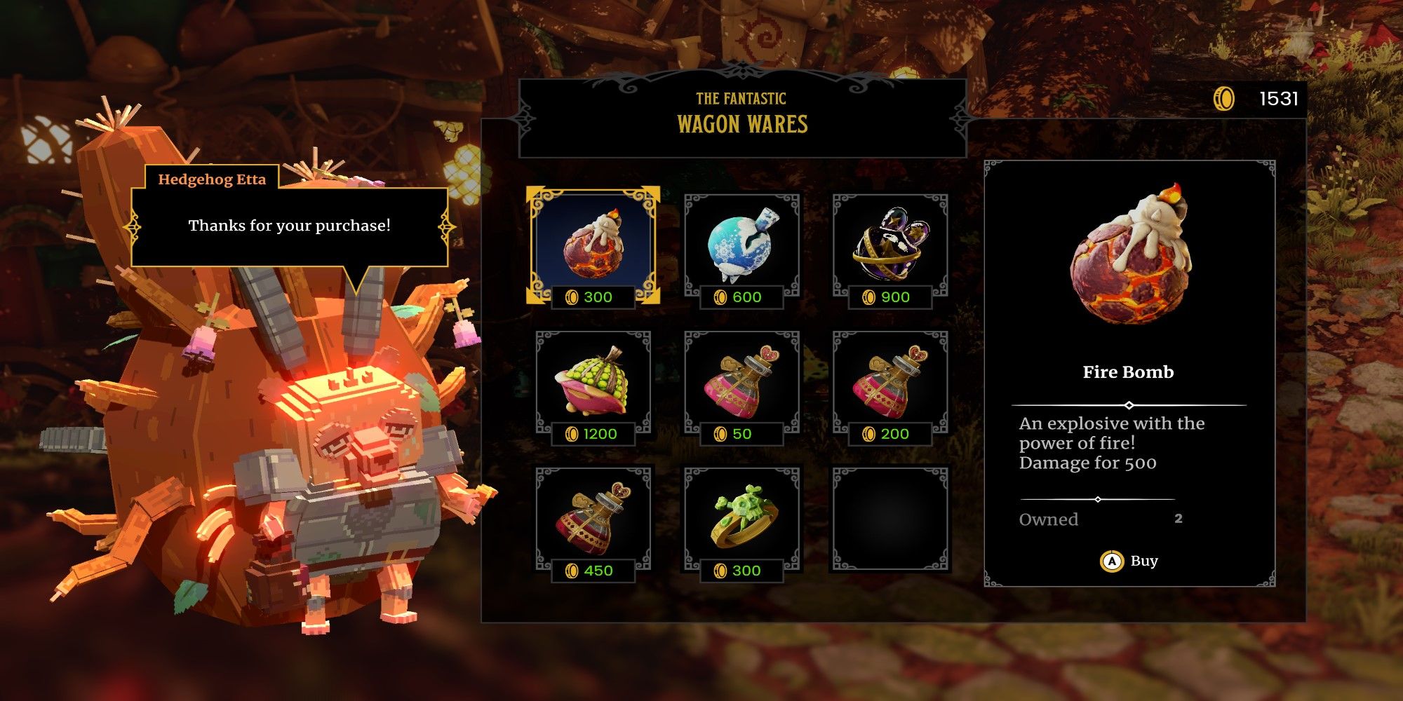 Ravenlok Hedgehog Etta's Shop Inventory Menu