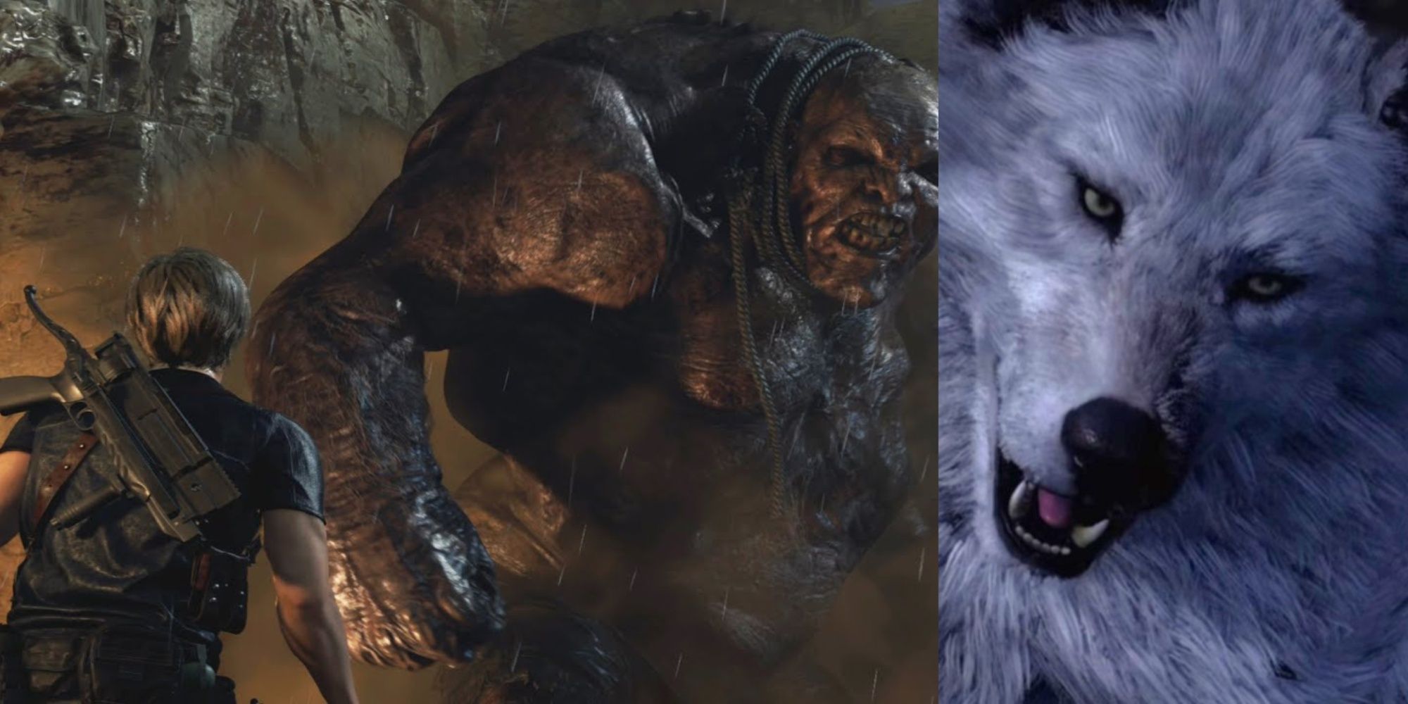 Split image Leon S. Kennedy facing El Gigante and his wolf ally in Resident Evil 4 Remake