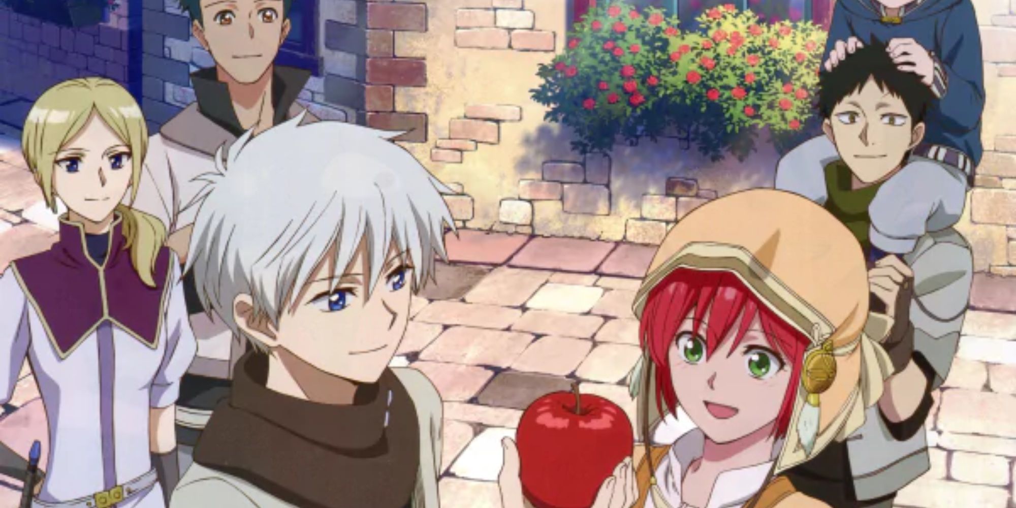 Snow White With The Red Hair: heroine holding a red apple while her friends are smiling at her