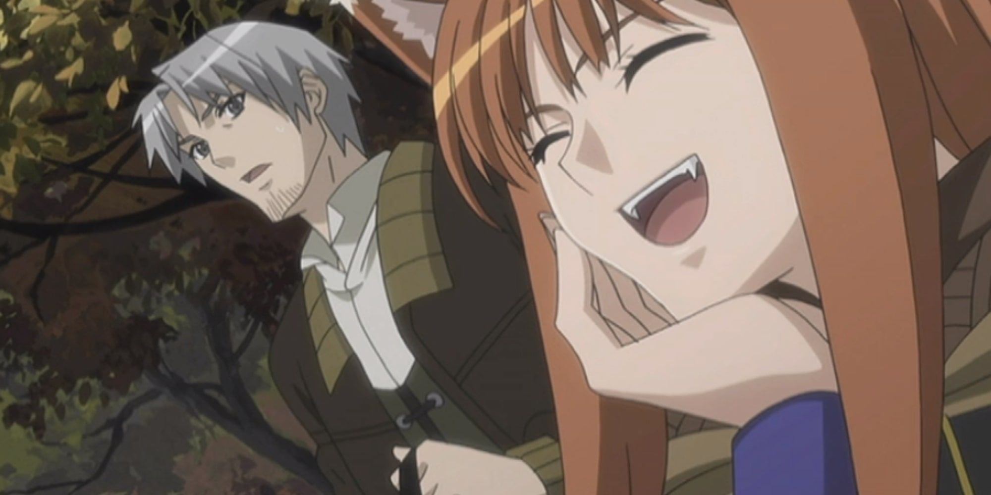 Spice and Wolf: Kraft Lawrence looking at Holo in disbelief; Holo laughing (eyes closed, mouth open)