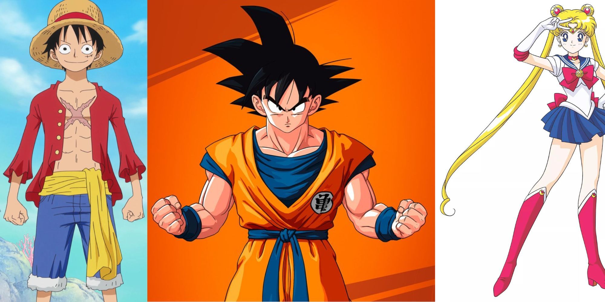 split image of Goku Luffy and Sailor Moon