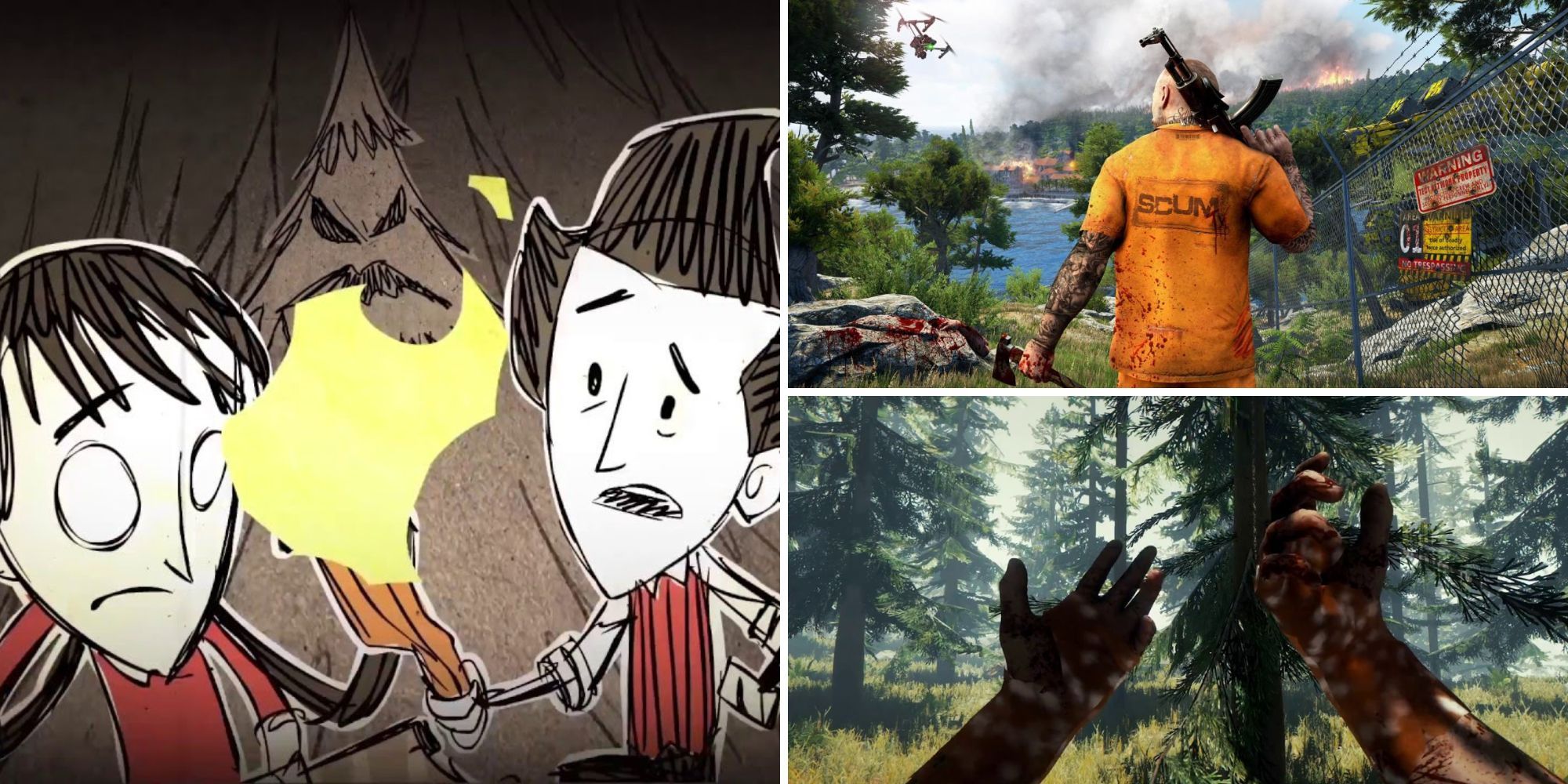 Split image Don't Starve Together characters holding torch, Scum character with weapon over shoulder, The Forest characters with arms raised.