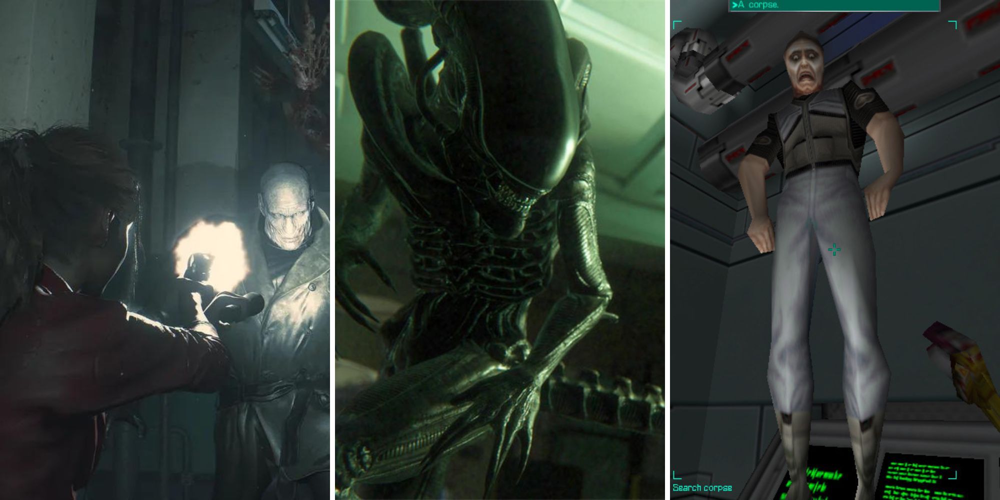 Split image Resident Evil 2 remake, Alien: Isolation, and System Shock 2 screenshots