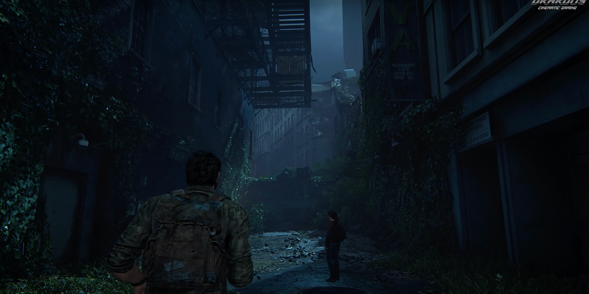 Screenshot of Joel, Ellie, and Tess from The Last of Us Part 1 Outskirts Downtown