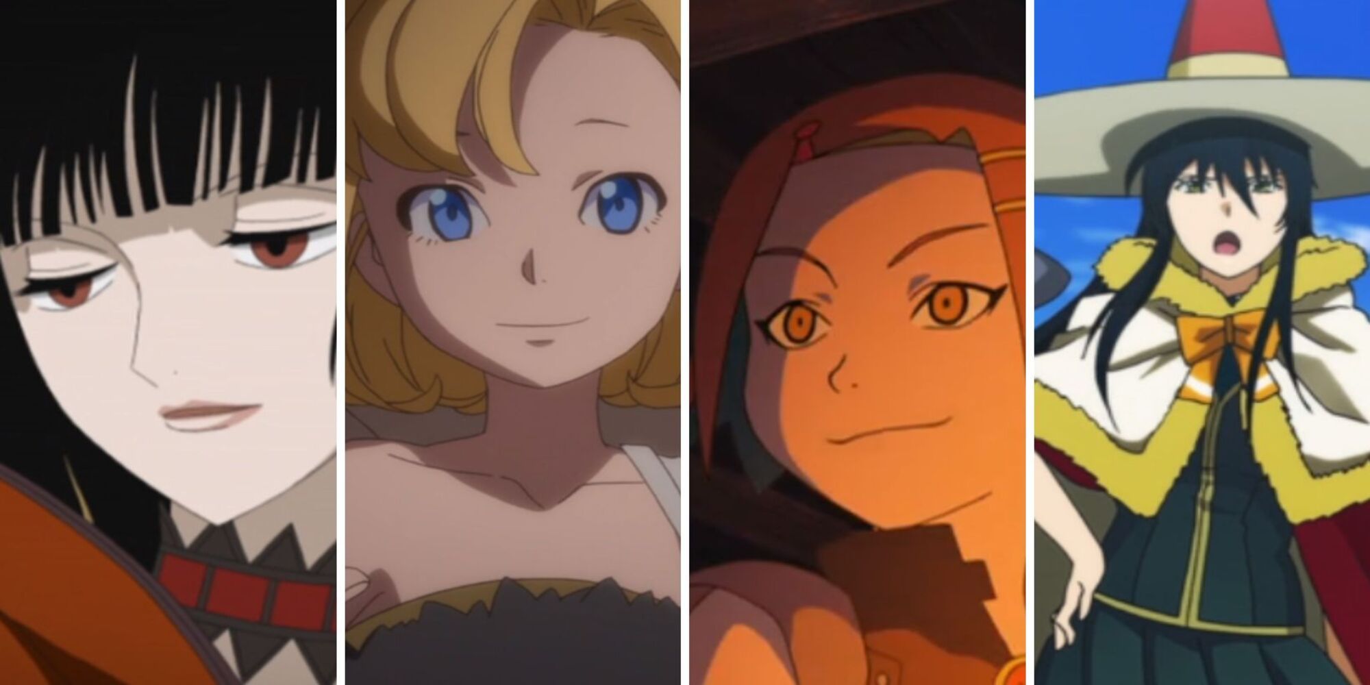 Split image of anime screenshots depicting Yuko Ichihara, Maria, Arusu, and Ayaka Kagari