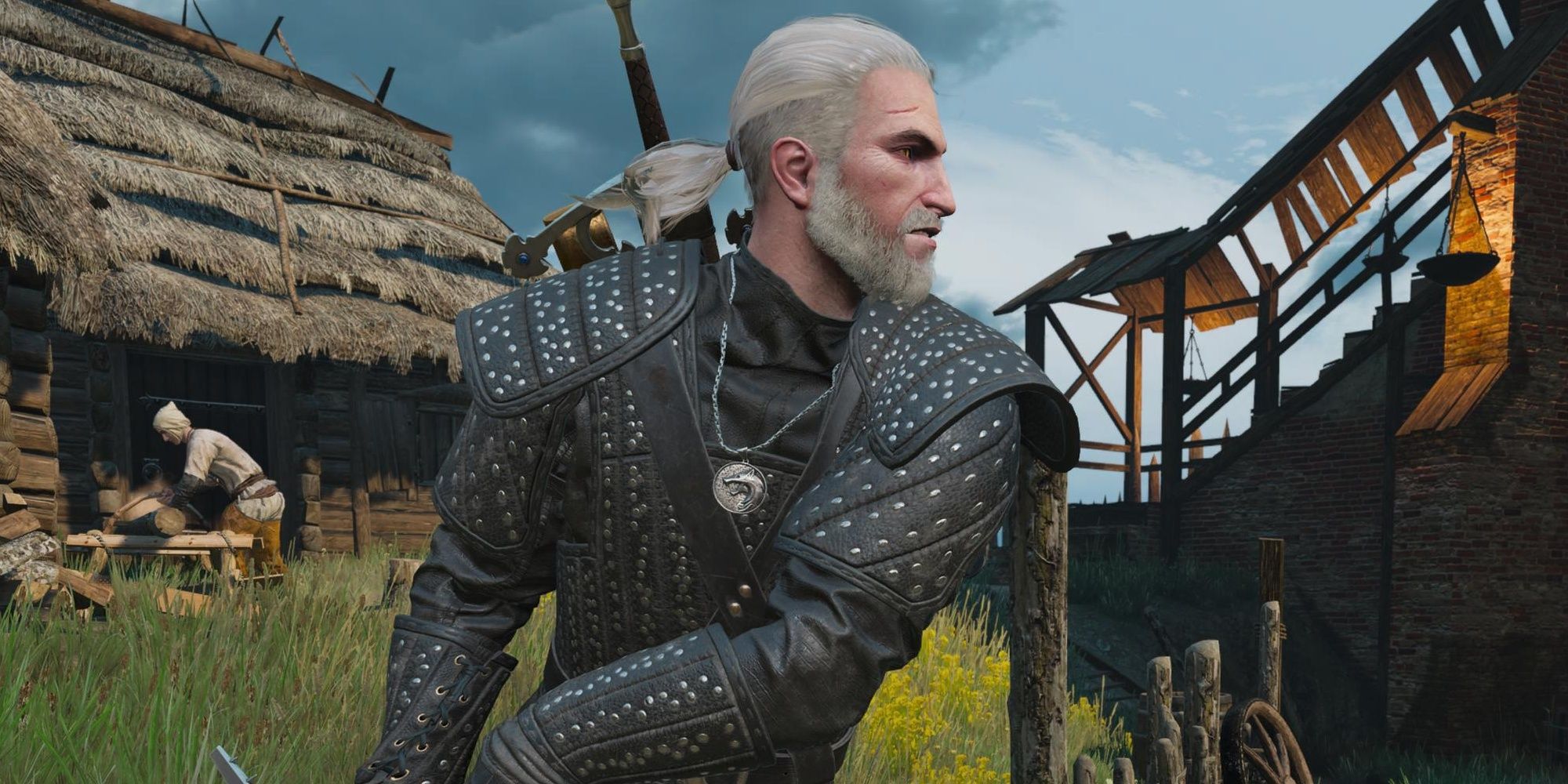 Geralt shows off his Forgotten Wolf School gear while brandishing a sword in town