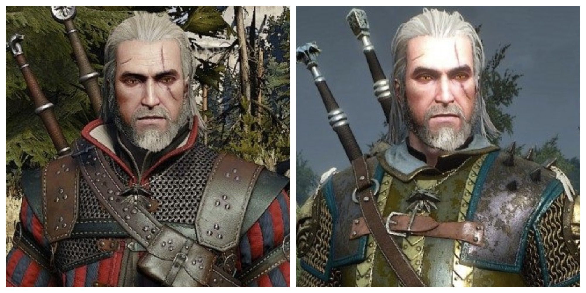 Geralt of Rivia shows off the Wolf School Gear, one version of Geralt wears the Griffin School Gear