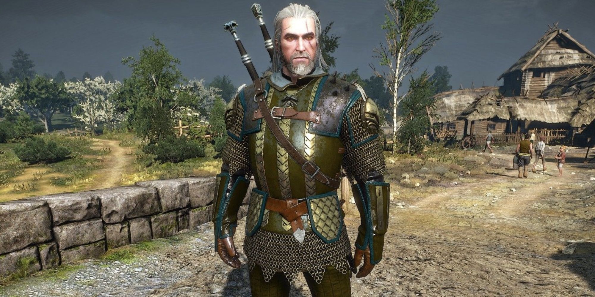 Geralt heads out of town decked out in the Griffin School Gear as a storm approaches