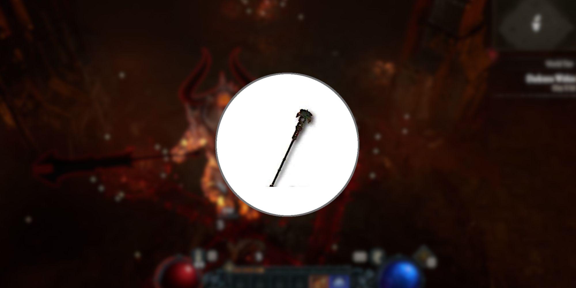 Image of the Serpentine Wand in the foreground from Diablo 4.