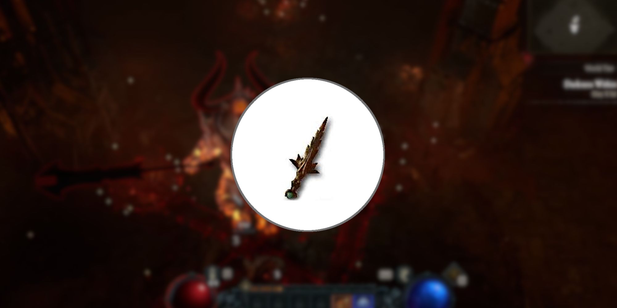 Image of the Rebirth Edge weapon in the foreground from Diablo 4.