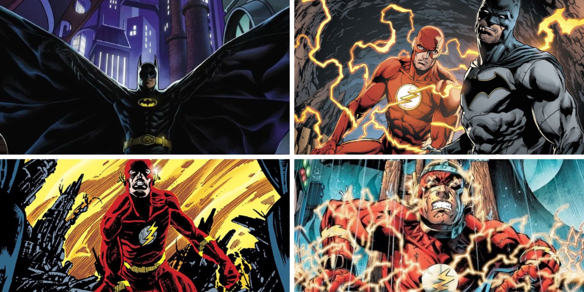 Split image of Batman '89 cover art, Batman and The Flash in The Button, The Flash in Crisis On Infinite Earths, The Flash electrically charged in Flashpoint