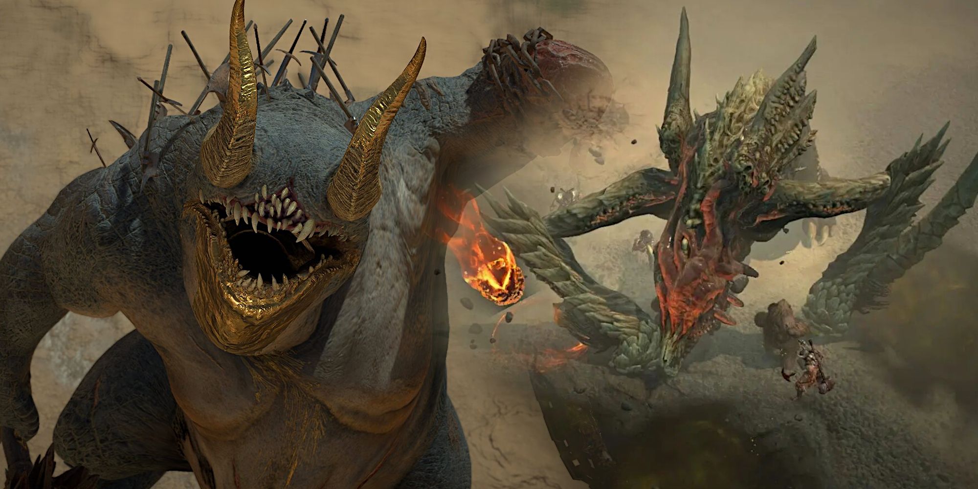 Split image of Avarice and Ashava world bosses in Diablo 4.