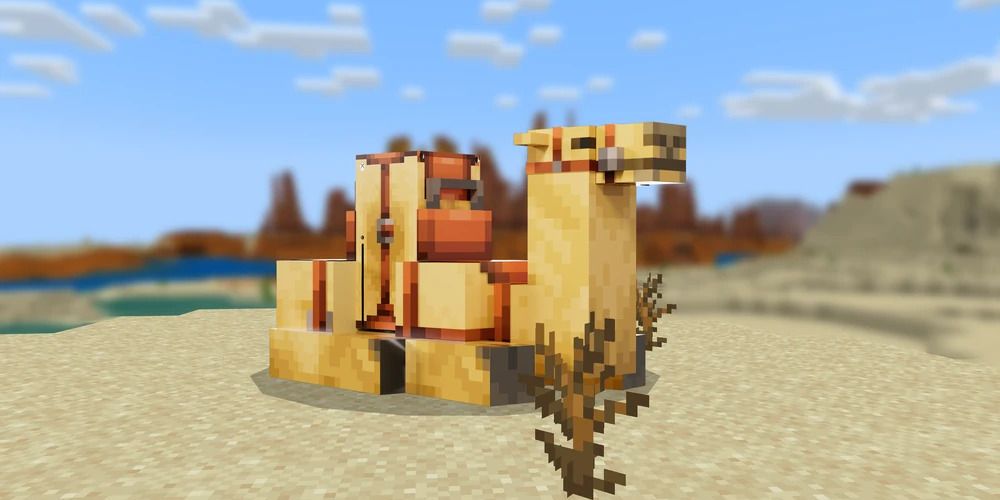 A saddled camel sitting in a Minecraft desert